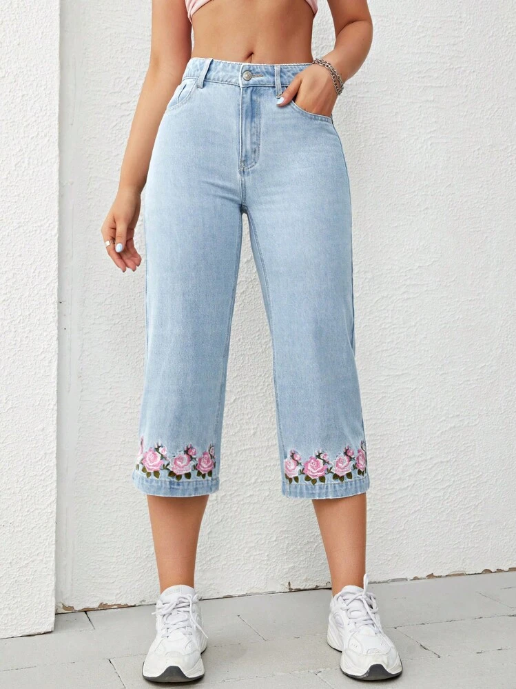SHEIN Unity Floral Embroidery Capri Jeans - Light Wash - View 4