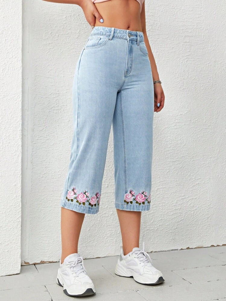 SHEIN Unity Floral Embroidery Capri Jeans - Light Wash - View 5