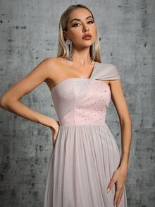 One Shoulder Mesh Bridesmaid Dress - Dusty Pink - View 6