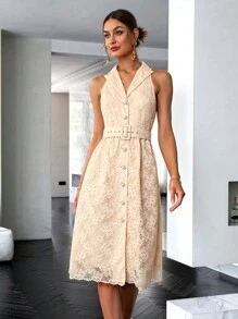 Sollinarry Lapel Collar Button Front Belted Lace Dress - Apricot - View 1