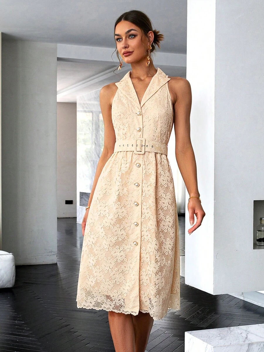 Sollinarry Lapel Collar Button Front Belted Lace Dress - Apricot - View 1