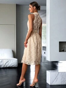 Sollinarry Lapel Collar Button Front Belted Lace Dress - Apricot - View 2