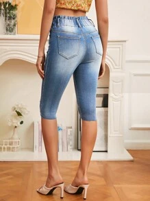 SHEIN Frenchy Quần jean nữ Túi Hem thô Bị tách màu trơn - Rửa trung bình - Xem 2