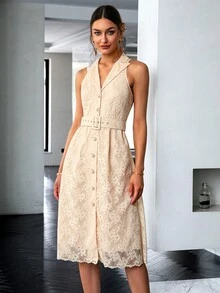 Sollinarry Lapel Collar Button Front Belted Lace Dress - Apricot - View 5