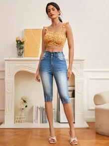 SHEIN Frenchy Quần jean nữ Túi Hem thô Bị tách màu trơn - Rửa trung bình - Xem 5