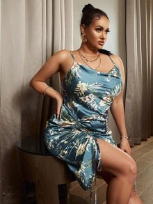 Glamaker Plus Tropical Print Cowl Neck Drawstring Side Satin Cami Dress - Multicolor - View 4