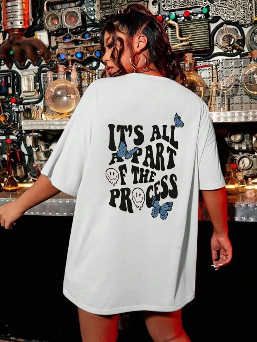 Flirla Plus Size Slogan & Butterfly Print Drop Shoulder Tee, IT'S ALL A PART OF THE PROCESS For Summer - White - View 1