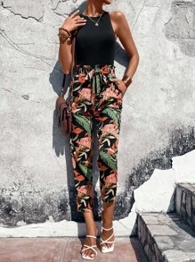 Breezaya Solid Bodysuit With Tropical Print Belted Trousers - Multicolor - View 4