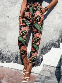 Breezaya Solid Bodysuit With Tropical Print Belted Trousers - Multicolor - View 6