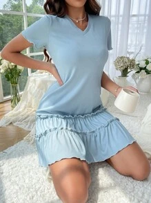 木耳邊荷葉邊休閒服連衣裙 - 霧霾藍 - 查看 5