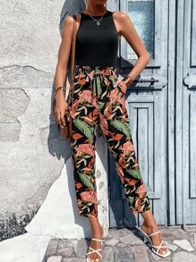 Breezaya Solid Bodysuit With Tropical Print Belted Trousers - Multicolor - View 7