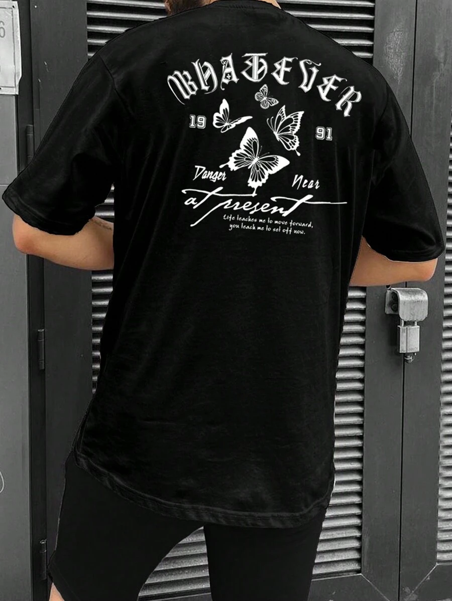 男士蝴蝶和標語圖案T恤 - 黑色 - 查看 1