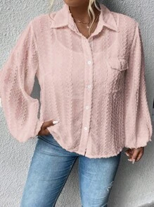 SHEIN LUNE 大碼翻蓋口袋燈籠袖襯衫 - 藕粉色 - 查看 1