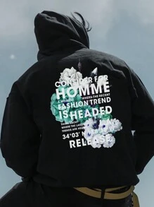 Manfinity Roghcode Men Plus Slogan & Floral Graphic Drawstring Hoodie - Black - View 1