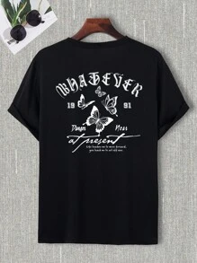 男士蝴蝶和標語圖案T恤 - 黑色 - 查看 6