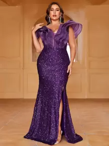 Faeriesty 这款优雅的女士亮片晚礼服，饰有荷叶边袖和侧开衩美人鱼尾，是红毯、盛大晚宴、婚礼和奢华派对的完美之选，也适合婚宴、化装舞会、神秘花园派对、正式晚宴、黑领结活动、毕业典礼和生日派对等场合，是春季和夏季的理想选择。 - 紫色 - 查看 1