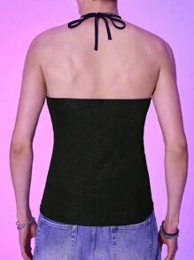 Manfinity AFTRDRK Hombres Top unicolor de espalda abierta de cuello halter - Negro - Ver 2