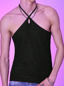 Manfinity AFTRDRK Hombres Top unicolor de espalda abierta de cuello halter - Negro - Ver 3