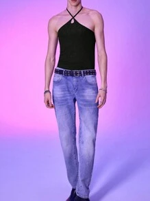 Manfinity AFTRDRK Hombres Top unicolor de espalda abierta de cuello halter - Negro - Ver 4