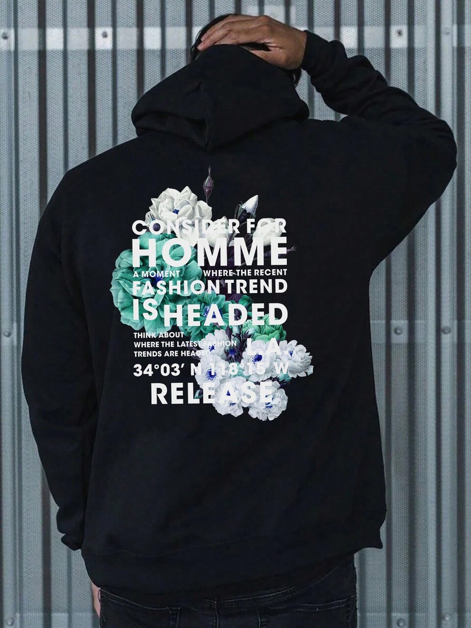 Men Plus Slogan & Floral Graphic Drawstring Hoodie