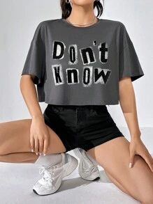 SHEIN EZwear 女士休闲字母印花宽松超大圆领短袖短款上衣 T 恤，夏季 - 深灰色 - 查看 1