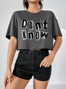 SHEIN EZwear 女士休闲字母印花宽松超大圆领短袖短款上衣 T 恤，夏季 - 深灰色 - 查看 3