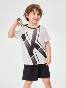 SHEIN 男童酷技術大字母圖案冰感覺運動T恤