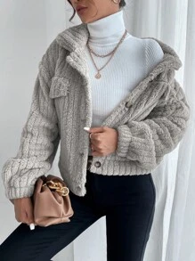 SHEIN Frenchy 落肩袖法蘭絨夾克 - 淺灰色 - 查看 1