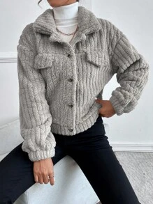 SHEIN Frenchy 落肩袖法蘭絨夾克 - 淺灰色 - 查看 3