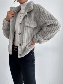 SHEIN Frenchy 落肩袖法蘭絨夾克 - 淺灰色 - 查看 4