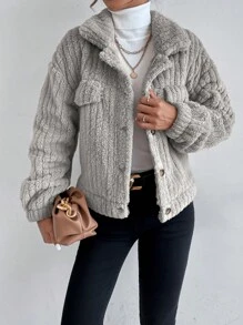 SHEIN Frenchy 落肩袖法蘭絨夾克 - 淺灰色 - 查看 5