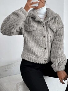 SHEIN Frenchy 落肩袖法蘭絨夾克 - 淺灰色 - 查看 6