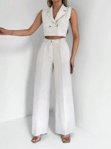 EURMUSE Solid Crop Vest Blazer & Wide Leg Trousers - White - View 1
