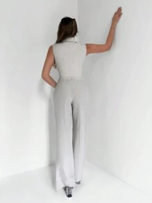 EURMUSE Solid Crop Vest Blazer & Wide Leg Trousers - White - View 2