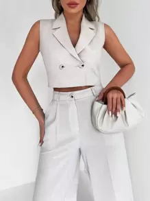 EURMUSE Solid Crop Vest Blazer & Wide Leg Trousers - White - View 3