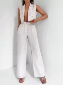 EURMUSE Solid Crop Vest Blazer & Wide Leg Trousers - White - View 5