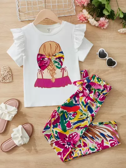 SHEIN Leap Crew Tween Girl Knitted Ruffle Collar Portrait Print 3d Decor Bowknot Floral Printed Tee & Long Pants Set