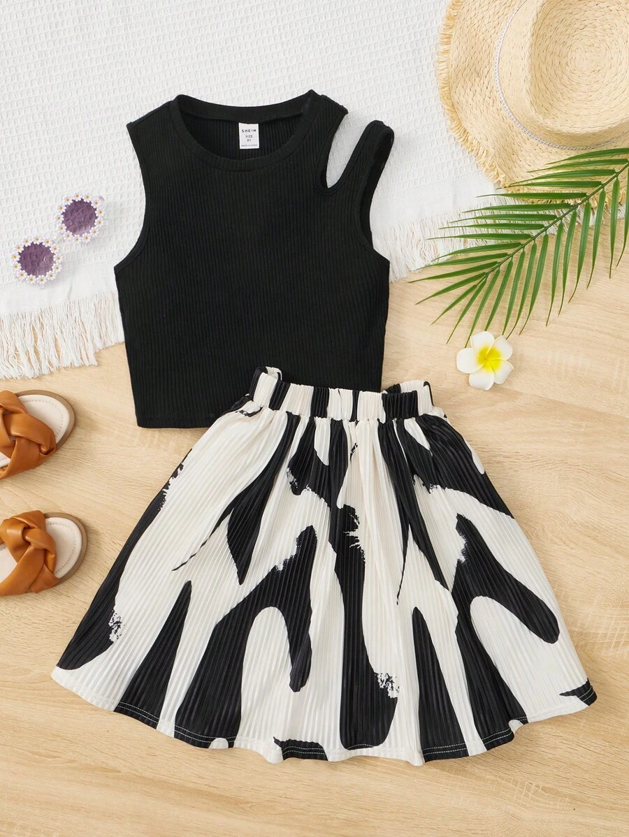SHEIN Tween Girl Elastic Knitted Sleeveless Asymmetric Design Combination With Abstract Geometry Printed Pleated Skirt And Elastic Waistband