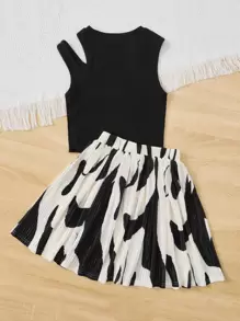 SHEIN Tween Girl Elastic Knitted Sleeveless Asymmetric Design Combination With Abstract Geometry Printed Pleated Skirt And Elastic Waistband