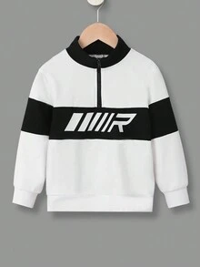 SHEIN 小男童字母圖案雙色半拉鏈運動衫