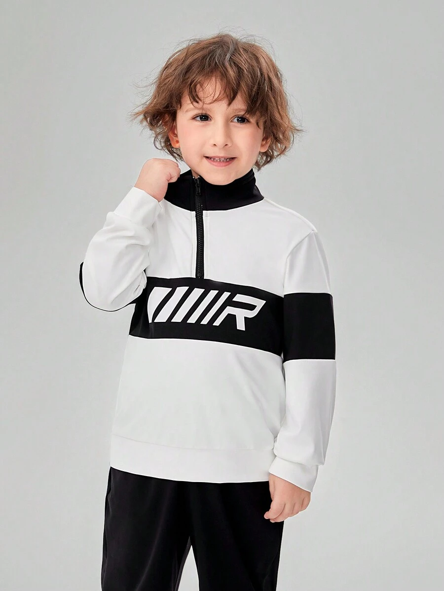 SHEIN 小男童字母圖案雙色半拉鏈運動衫