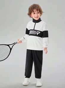 SHEIN 小男童字母圖案雙色半拉鏈運動衫