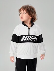 SHEIN 小男童字母圖案雙色半拉鏈運動衫