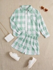 SHEIN Tween Girl Buffalo Plaid Print Shirt & Shorts - Multicolor - View 1
