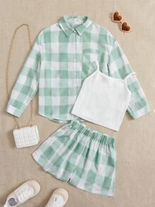 SHEIN Tween Girl Buffalo Plaid Print Shirt & Shorts - Multicolor - View 5