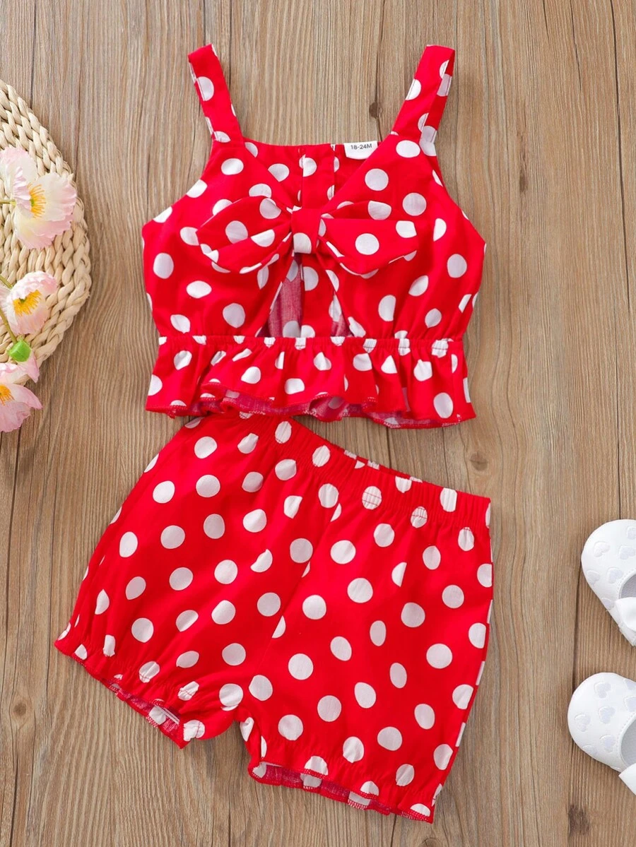 2 Stücke/Set Kleine Mädchen Sommer Cut Out geschnittenes Tank Top beidseitig tragbar mit Polka Dot & Schleifendekoration und Shorts Fashion Outfits - Rot - Übersicht 1