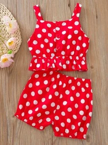 2 Stücke/Set Kleine Mädchen Sommer Cut Out geschnittenes Tank Top beidseitig tragbar mit Polka Dot & Schleifendekoration und Shorts Fashion Outfits - Rot - Übersicht 2