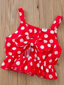 2 Stücke/Set Kleine Mädchen Sommer Cut Out geschnittenes Tank Top beidseitig tragbar mit Polka Dot & Schleifendekoration und Shorts Fashion Outfits - Rot - Übersicht 3