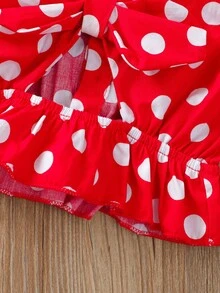 2 Stücke/Set Kleine Mädchen Sommer Cut Out geschnittenes Tank Top beidseitig tragbar mit Polka Dot & Schleifendekoration und Shorts Fashion Outfits - Rot - Übersicht 5