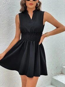 SHEIN Privé 缺口領無袖A字洋裝 - 黑色 - 查看 1